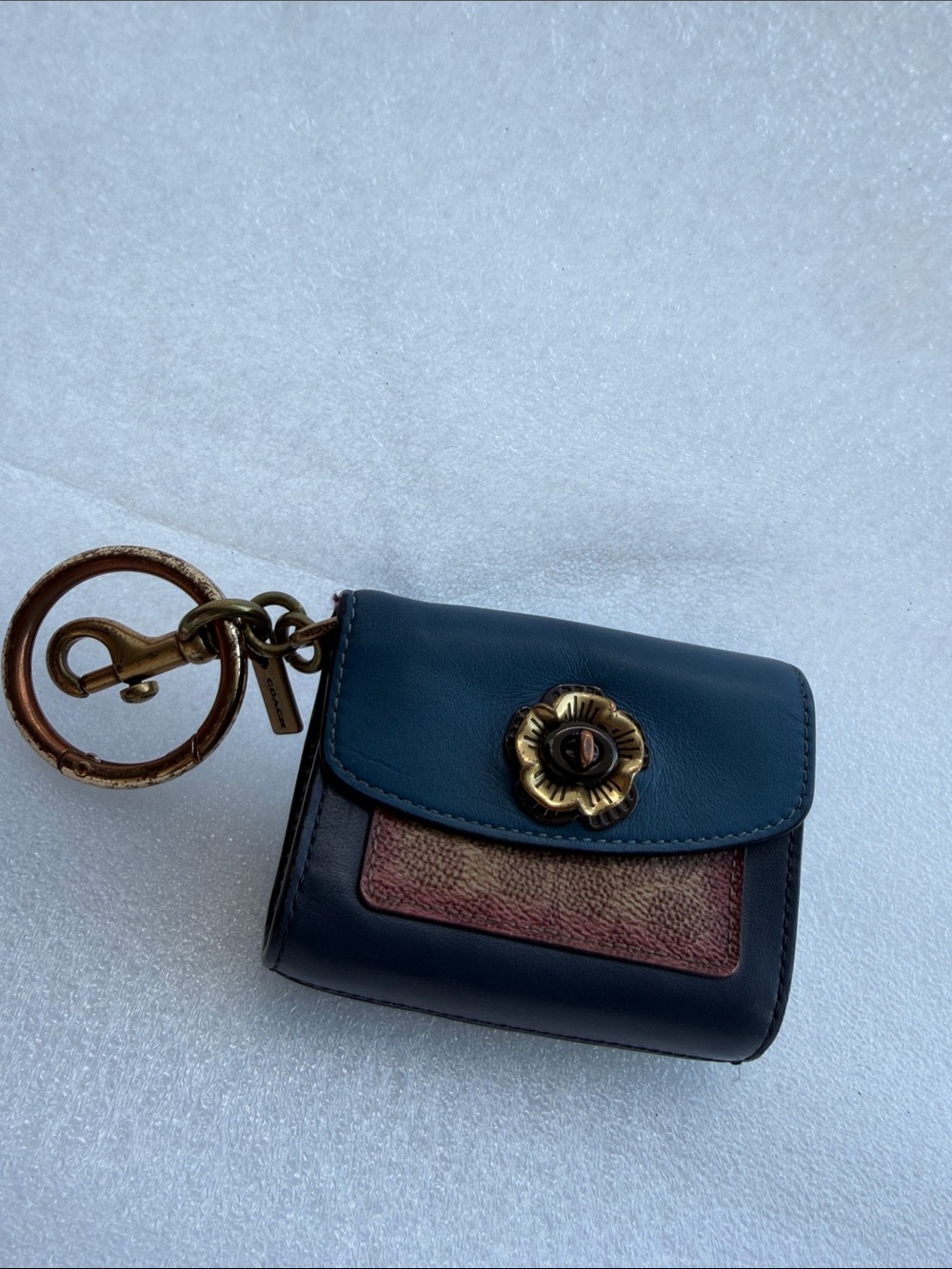 Coach Navy Leather Mini Key & Card Holder with Floral Turnlock